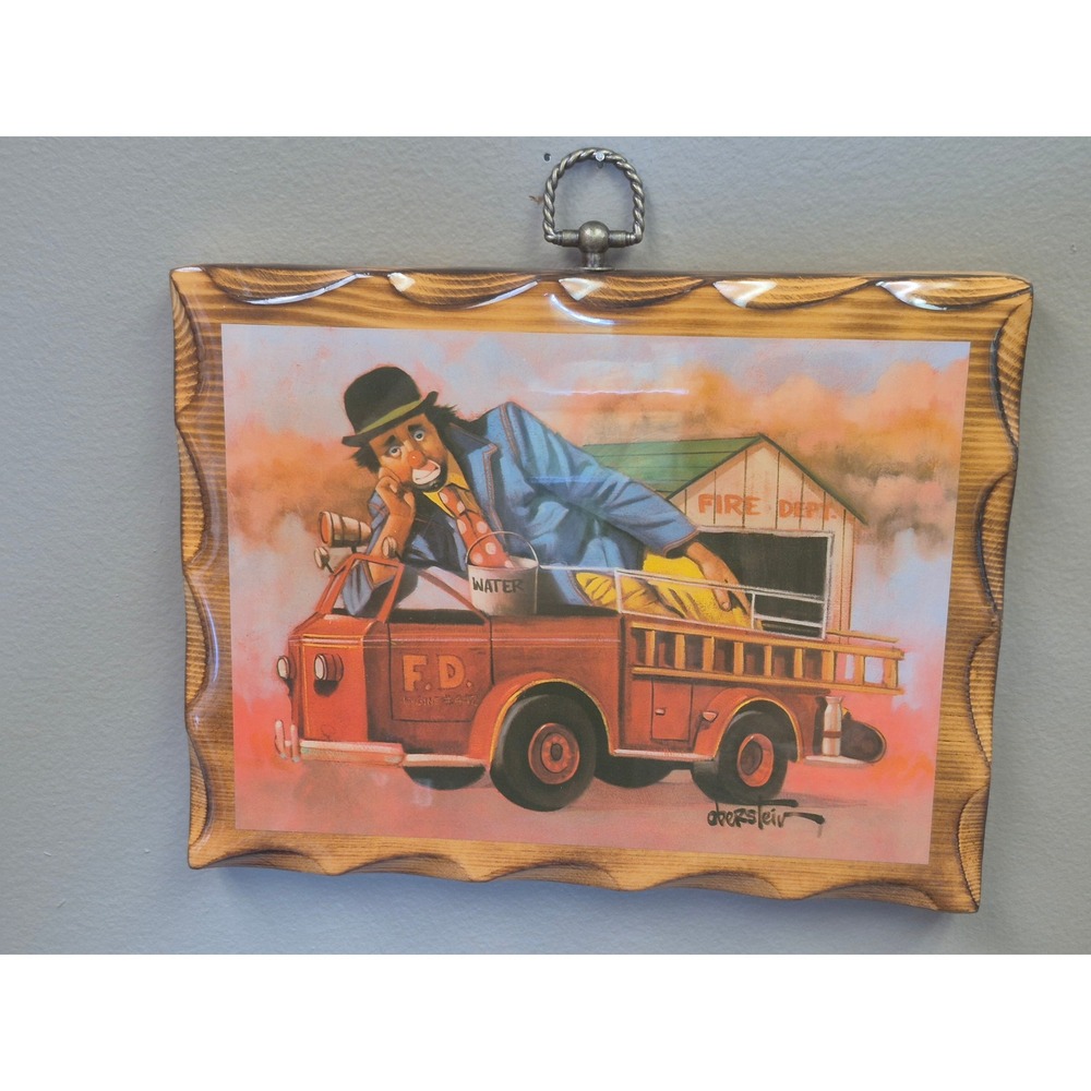 Vintage Oberstein Clown Fire Truck Firefighter Wood Wall Plaque Print Wall Decor